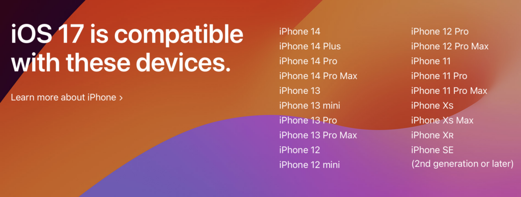 Apple官網:iOS17 iPhone 支援型號截圖
